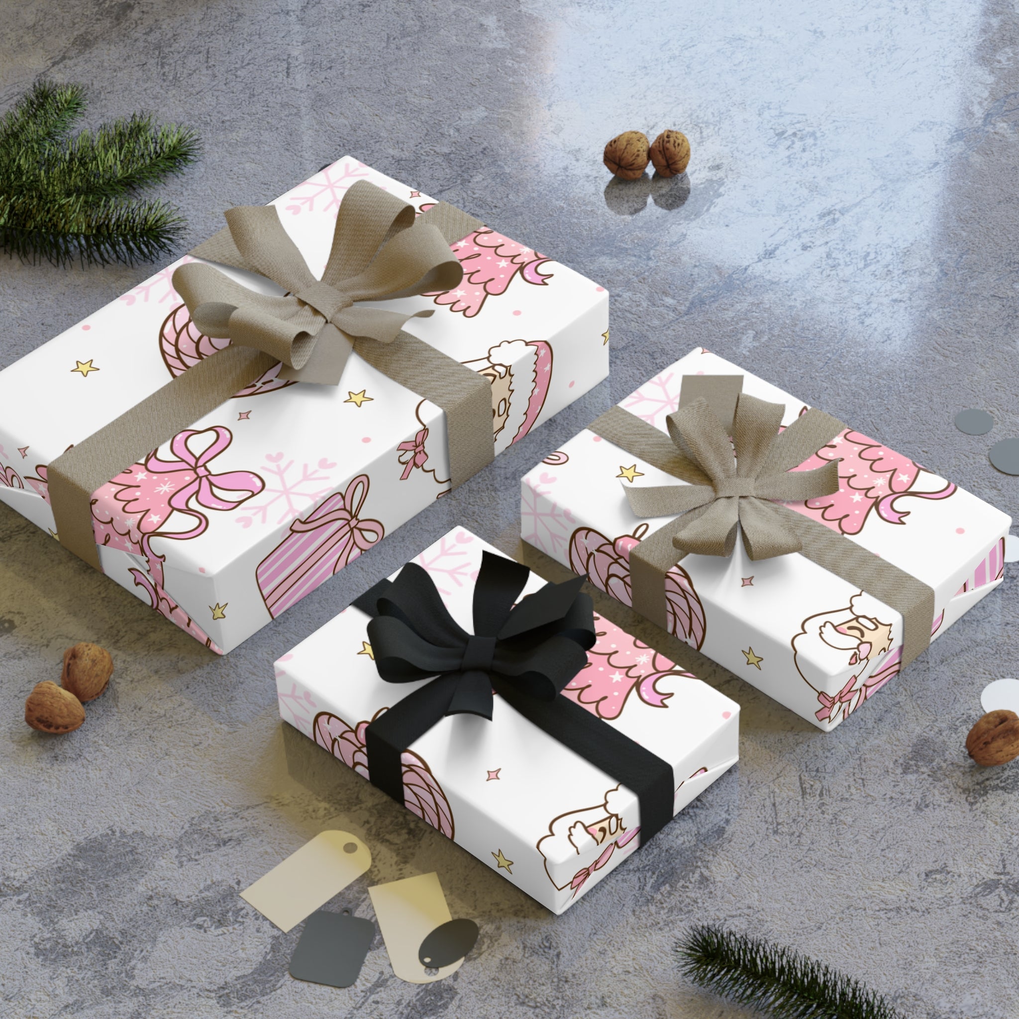 Festive Christmas Holiday Wrapping Paper Roll — Pink Santas & Trees