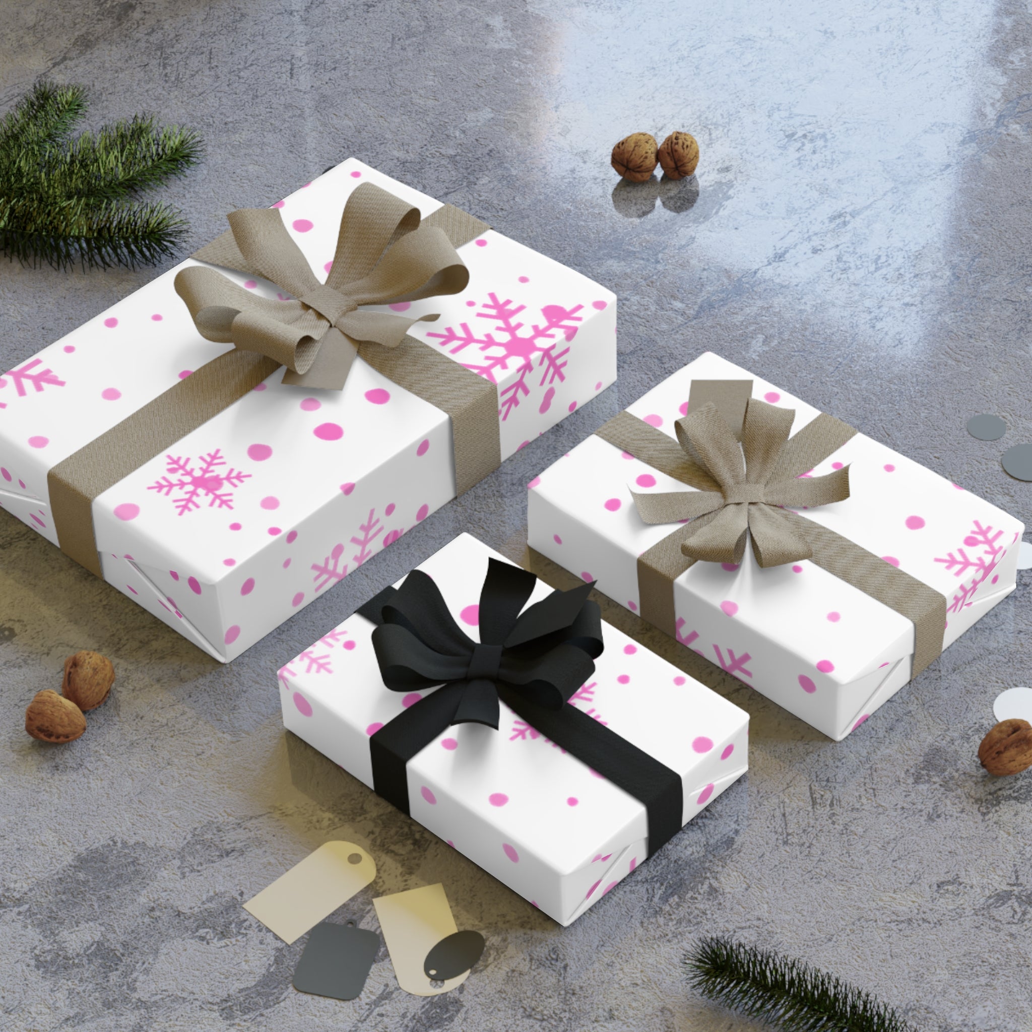 Festive Christmas Holiday Wrapping Paper Roll — Pink Snowflakes