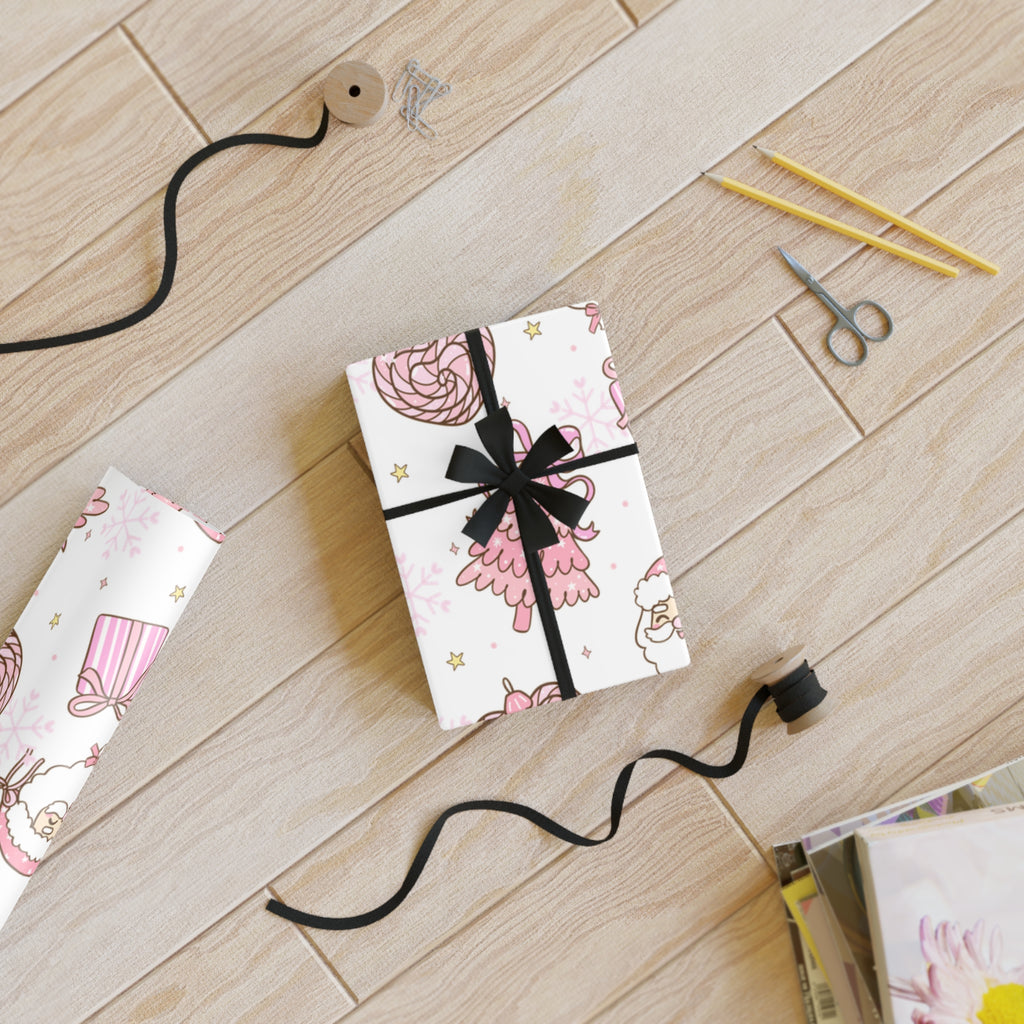 Festive Christmas Holiday Wrapping Paper Roll — Pink Santas & Trees