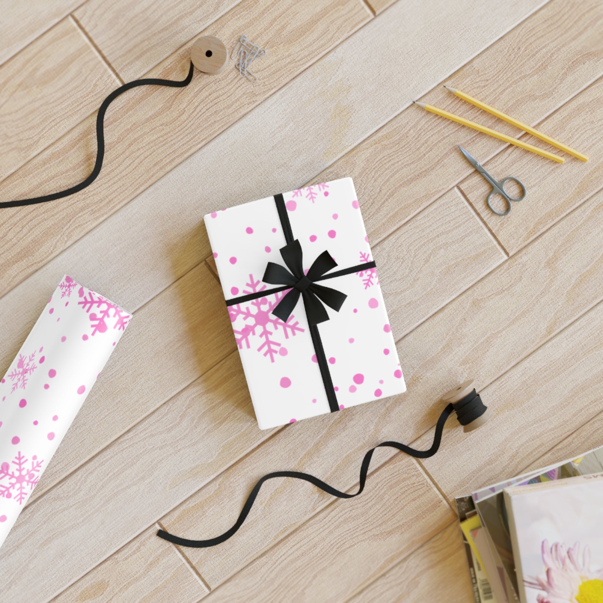 Festive Christmas Holiday Wrapping Paper Roll — Pink Snowflakes