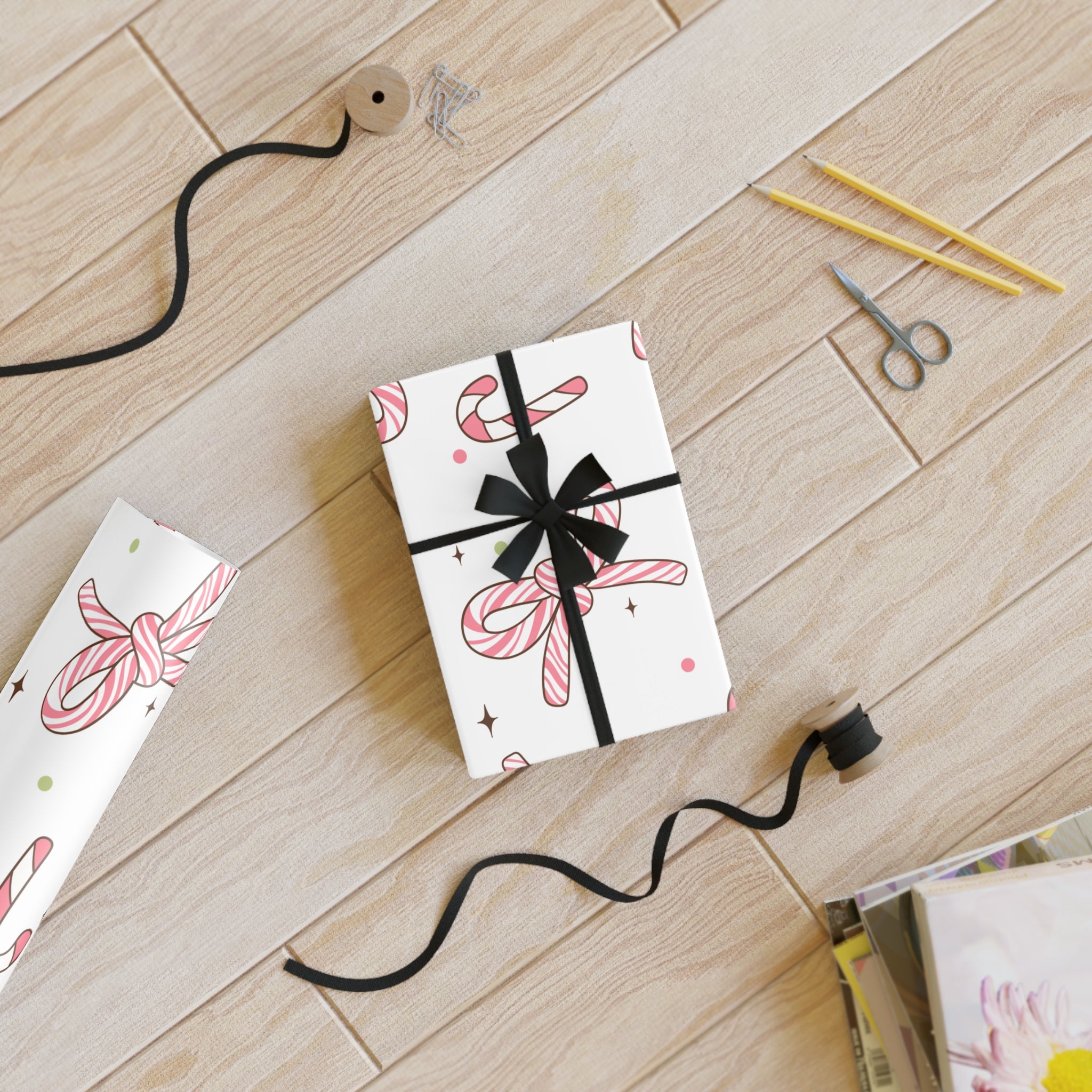 Festive Christmas Holiday Wrapping Paper Roll — Pink Candy Cane Bows