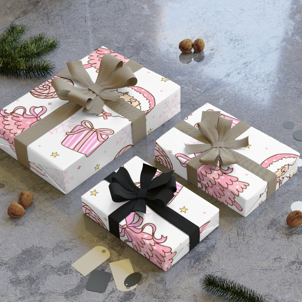 Festive Christmas Holiday Wrapping Paper Roll — Pink Santas & Trees