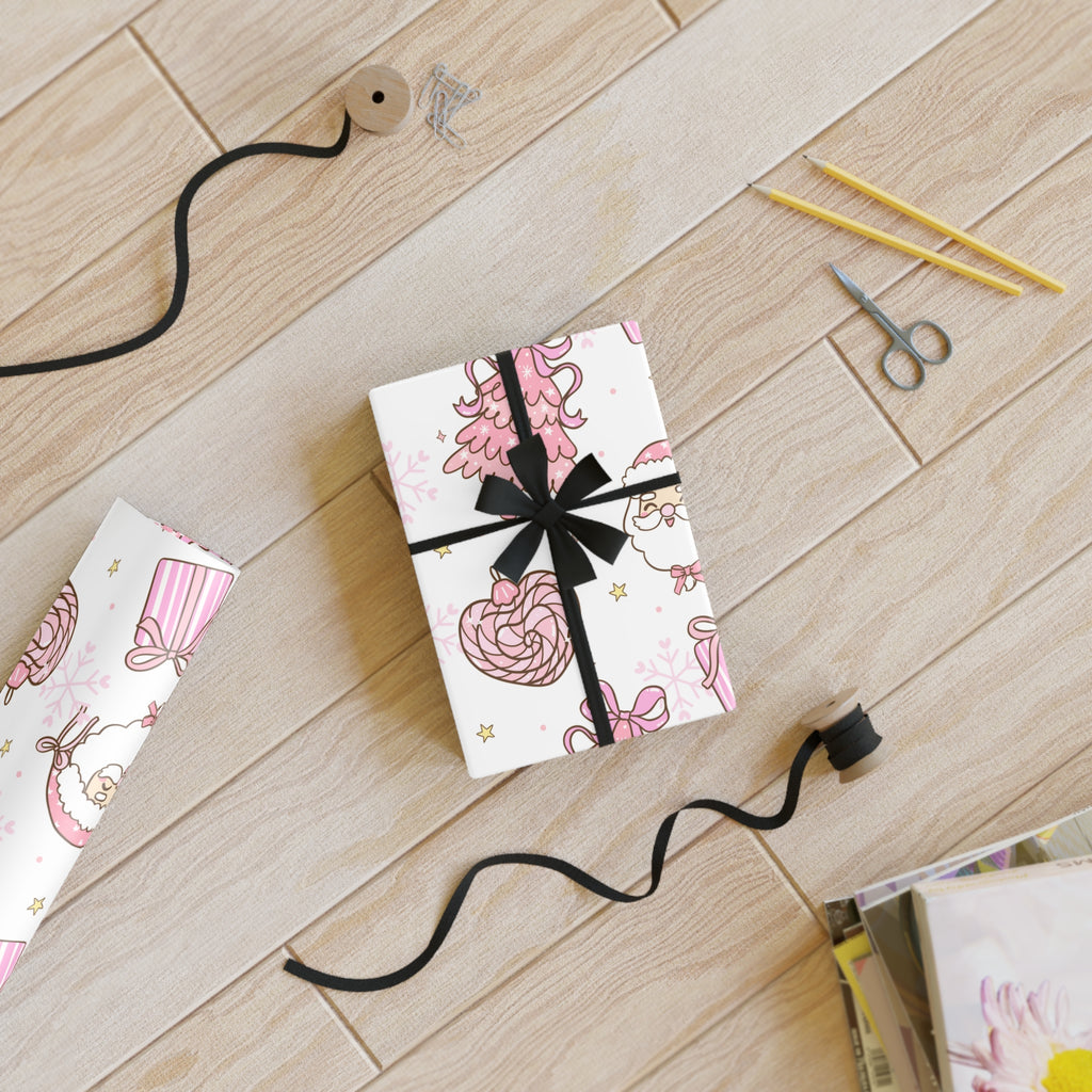 Festive Christmas Holiday Wrapping Paper Roll — Pink Santas & Trees