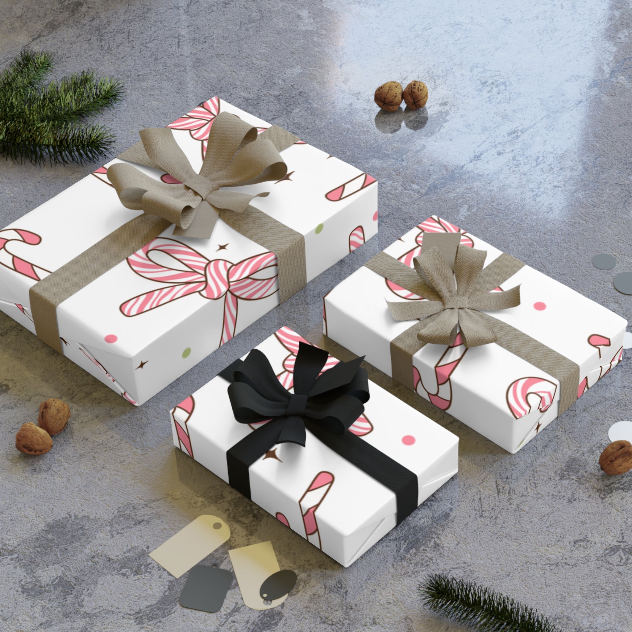 Festive Christmas Holiday Wrapping Paper Roll — Pink Candy Cane Bows