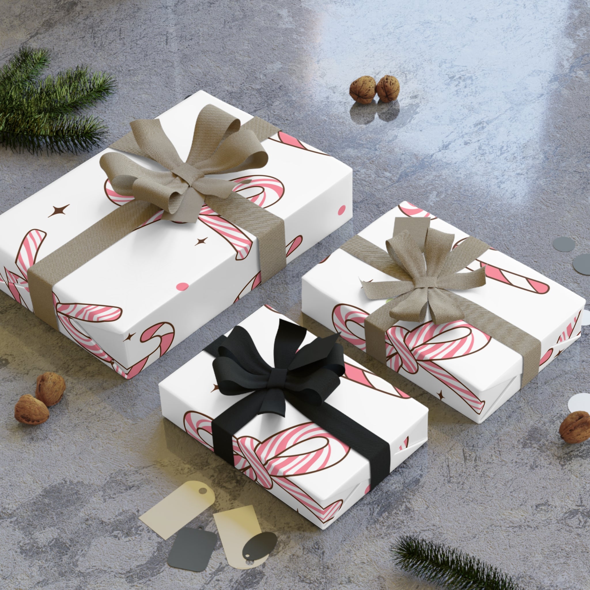 Festive Christmas Holiday Wrapping Paper Roll — Pink Candy Cane Bows