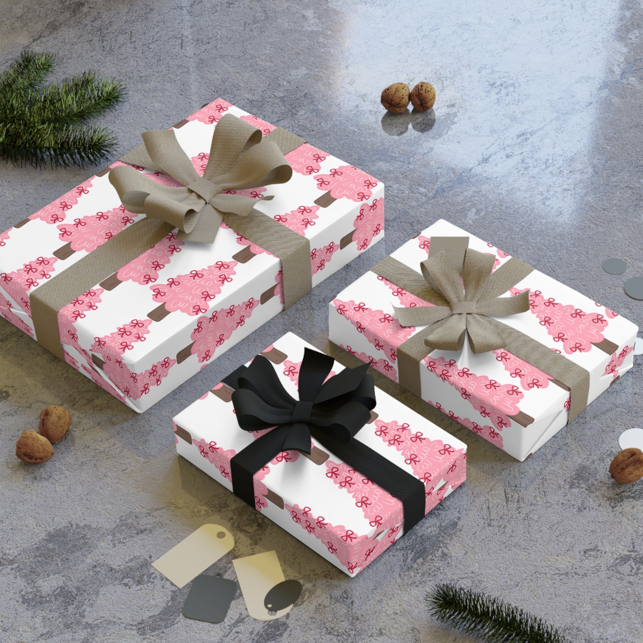Festive Christmas Holiday Wrapping Paper -  Pink Trees