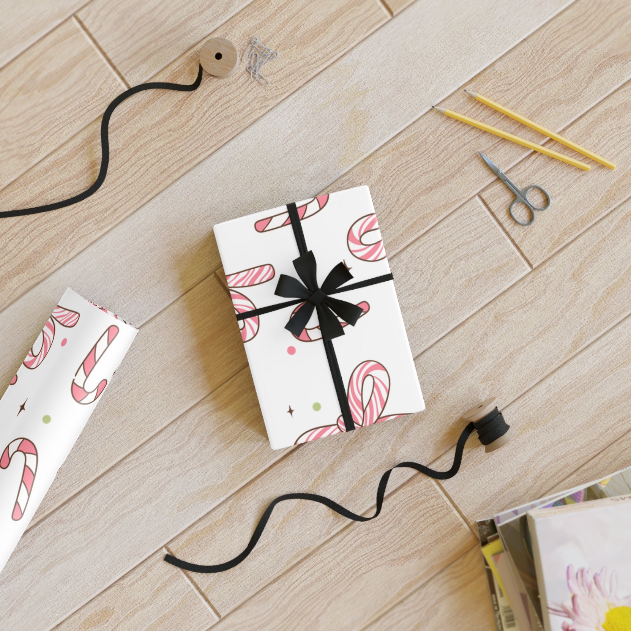 Festive Christmas Holiday Wrapping Paper Roll — Pink Candy Cane Bows